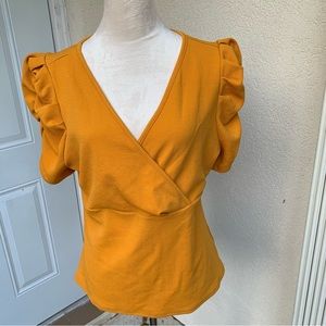SHEIN. Golden Yellow top. Ruched Sleeves. V-neck. Perfect for summer/fal…